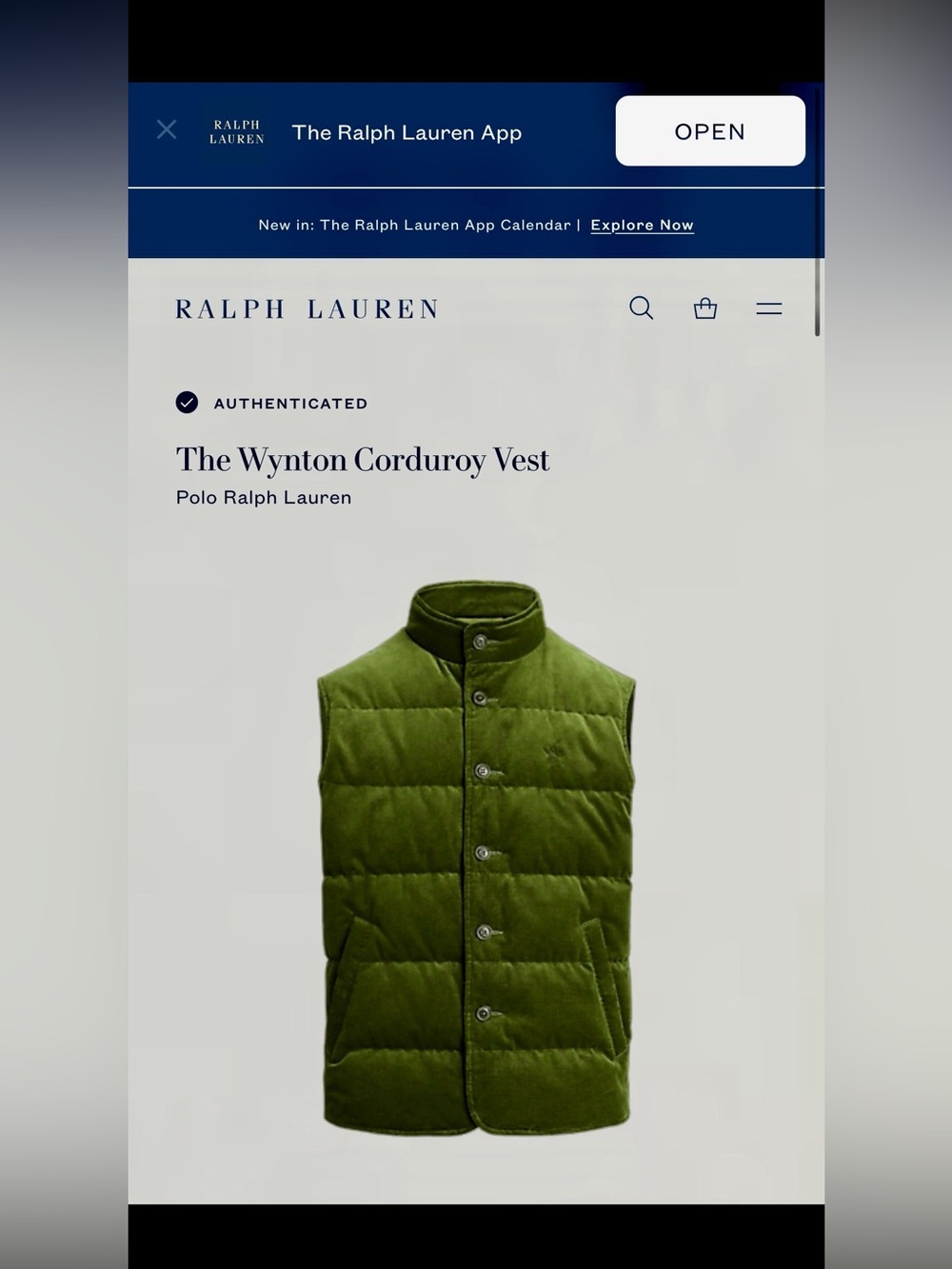 Polo by Ralph Lauren Olive Green Corduroy Quilted Vest